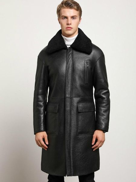 

men's leather & faux sheep shearling genuine jacket men winter real fur coat sheepskin coats double-sided wear 8408 kj3633, Black