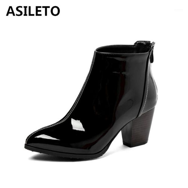 

asileto autumn winter women ankle boots pointed toe 7cm square heels pu zipper big size 33-46 black beige red date casual s19501