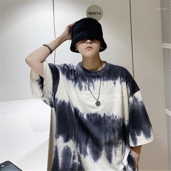 

2020 gradient tie dye short-sleeved t-shirt men tshirt male students loose personality five-point half-sleeved mens clothes1, White;black