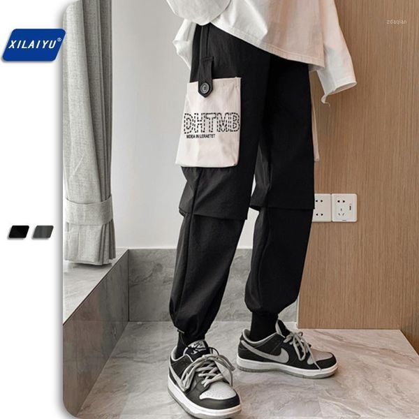 

men's pants xilaiyu autumn harajuku style men/women pocket color matching work clothes sportswear loose ins fashionable drawstring1, Black