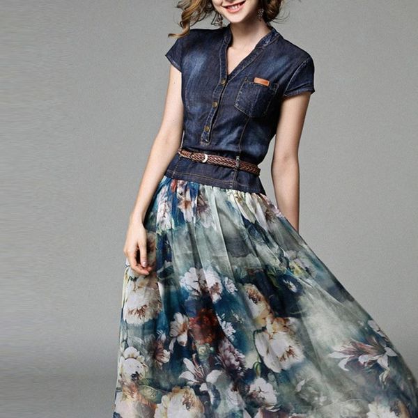 

denim chiffon patchwork floral print womens casual dress summer 2021 new female dress japan fashion style, Black;gray