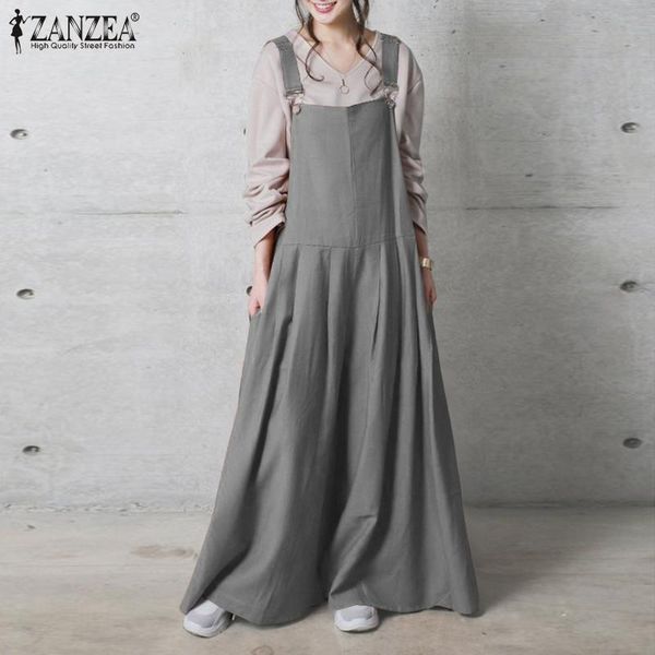 

zanzea 2021 casual loose wide leg pants stylish suspender overalls women summer jumpsuits female solid rompers plus size s-5xl, Black;white