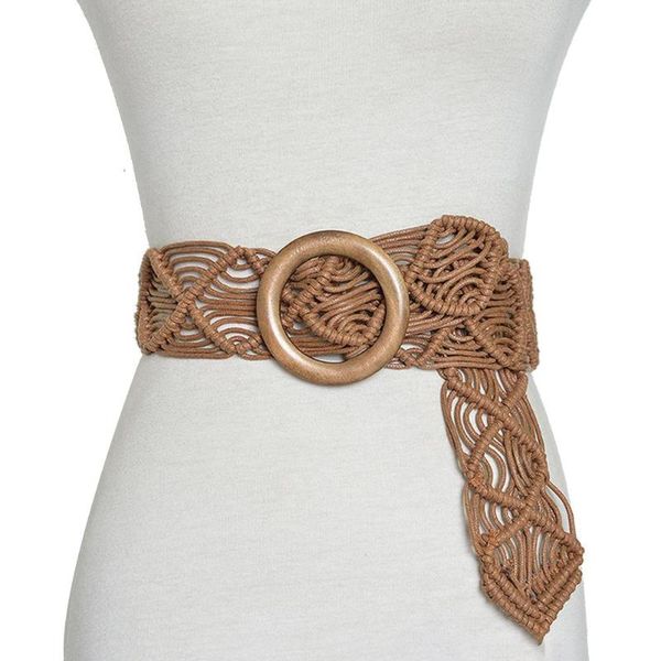 

retro round wooden buckle handmade braided women waistband waist strap belt women belt apparel accessories, Black;brown