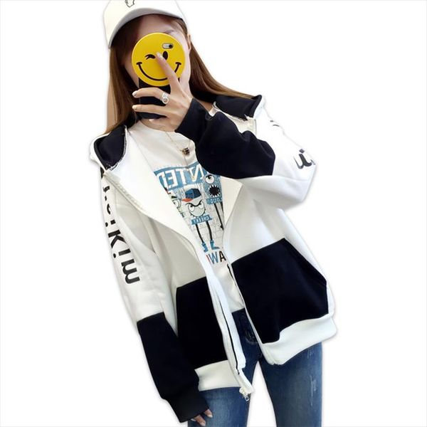 

2020 autumn winter new harajuku bf zipper jacket coat women korean casual loose large size plus velvet hooded sweatshirt female, Black