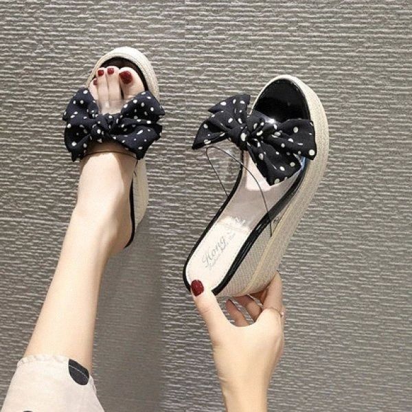 

summer bohemia slippers woman transparent bow knot beach flip flops slides wedges high heels 8cm female slippers platform shoes #gz8w, Black