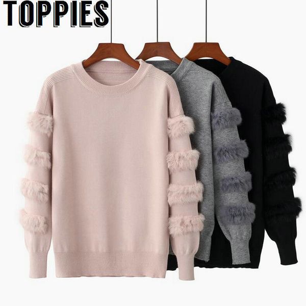 

women rabbit fur sleeves loose sweater o-neck causal knit pullovers women fur jumper 201130, White;black