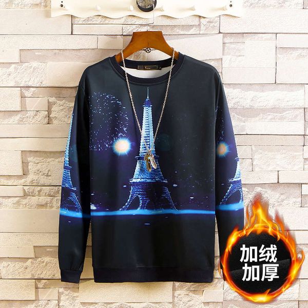 

men's sweater autumn winter style plush crew neck long sleeve slim fit versatile ins fashion clothes for students and teenagers, Black