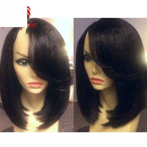 

side part bangs u part human hair wigs virgin brazilian bob yaki u shaped wigs glueless for black women none lace wigs whosale, Black;brown