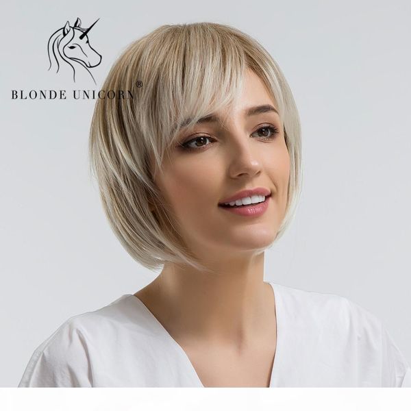 

blonde unicorn synthetic wig 10 inch light brown bob wigs for women with side bangs hairs high temperature fiber straight wigs, Black
