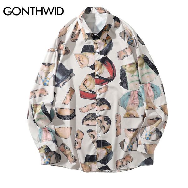 

creative portraits print long sleeve dress shirts men harajuku button down shirt streetwear hip hop fashion casual, White;black
