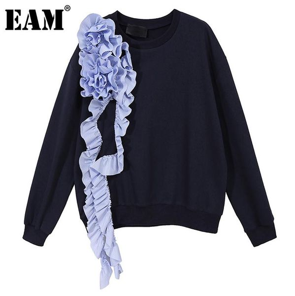 

eam] loose fitblue ruffles stitch sweatshirt new round neck long sleeve women big size fashion tide spring autumn 2020 1dd0107, Black