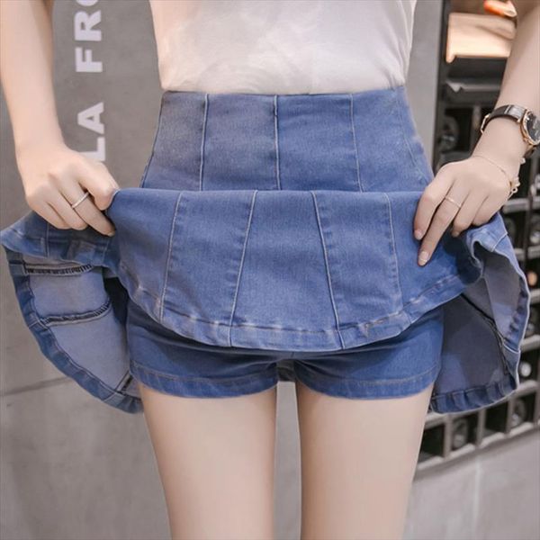 

2019 summer korean women high waist mini ladies jeans skirts shorts pleated a line blue washed short denim skirts for girls, Black