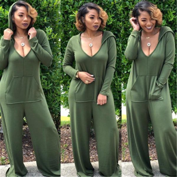 

jumpsuits women casual jumpsuit new designer deep v wide legs trousers solid color apparel fashion rompers hooded pocket loose, Black;white