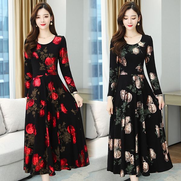 

2020 осени одежды темперамент снижения возраста нового стиля женщины печать круглого платья шеи длинный рукав высокого талии небольшого аром, Black;gray