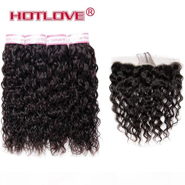

brazilian 8a virgin hair 4 bundles water wave human hair 8-28 inch with 13x4 ear to ear lace frontal closure, Black;brown