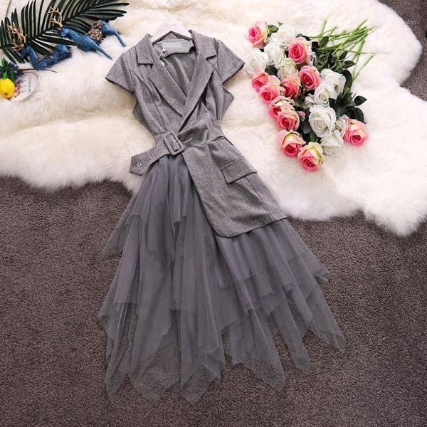 

casual dresses taovk female summer solid color notched collar short sleeve stitching mesh irregular dress1, Black;gray