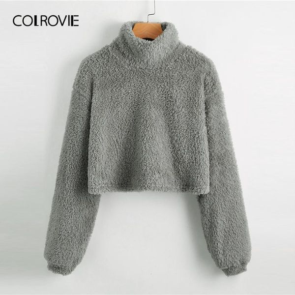 

colrovie mock neck drop shoulder crop teddy pullover autumn winter women ladies solid casual shearling sweatshirts1, Black