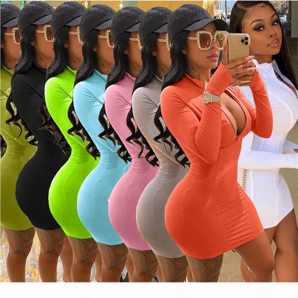 

autumn 2020 new women dress printed zipper solid colour multiple colors available fashion casual slim tight ladies dresses new cy9807, Black;gray