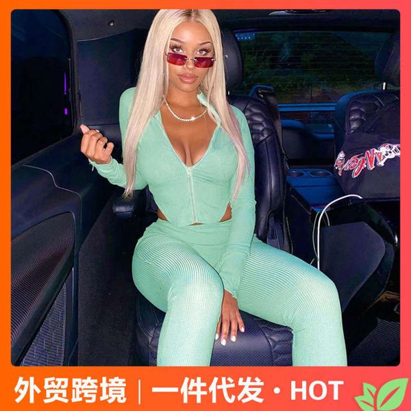 

sleeve 2020 style casual long women's zipper thread knitted pants sports fitness suit, Gray