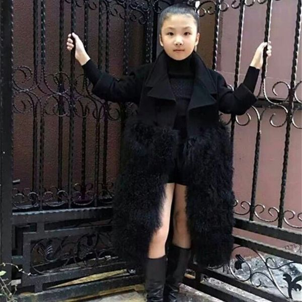 

kids woolen jackets for girl winter coat patchwork faux sheep fur jackets for girls wool coats faux fur clothes long style y200901, Camo