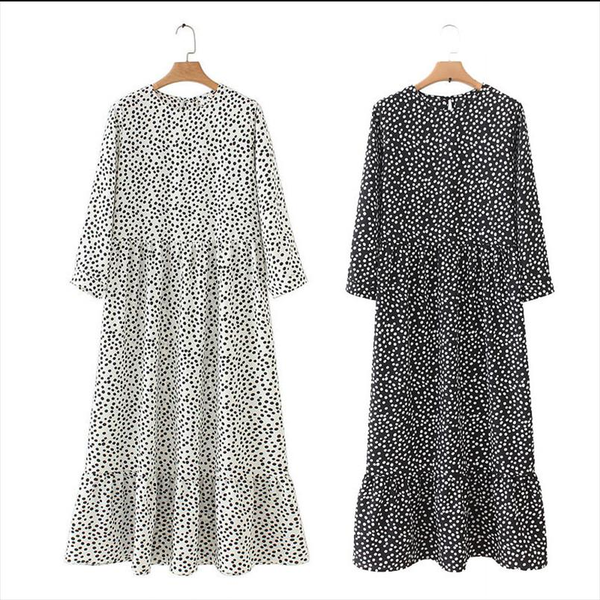 

autumn spring ladies polka dot print long dress casual pleated three quarter sleeve party straight dress chic ankle vestidos xl, Black;gray