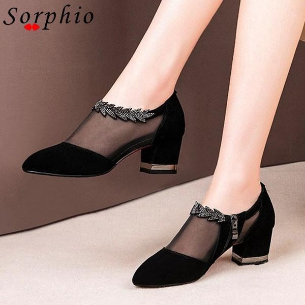 

sorphio office lady round head women shoes zipper rhinestone flock pumps women comfy high heels spring summer pumps1, Black