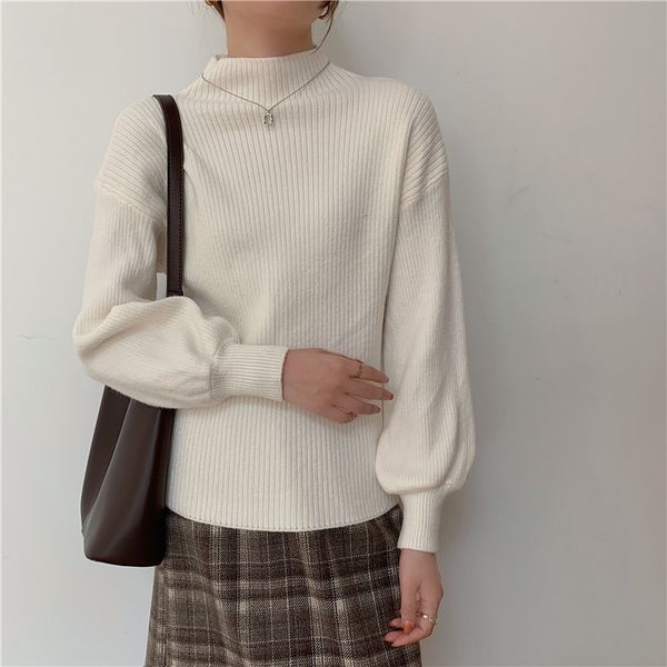 

2021 new women's puff sleeves crocheted jumpers solid loose shirts mock neck knit jumper office sweatshirt lady winter sweater nuyy, White;black