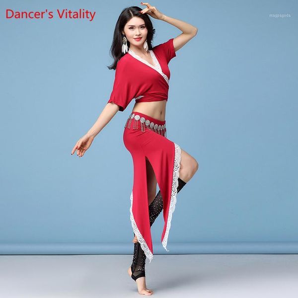 

2018 women's autumn short sleeve bellydance suit 2 piece set modal+lace practice wear irregular long skirt1, Black;red