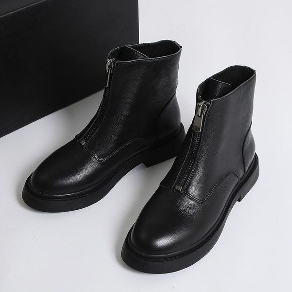 

boots deat 2021 autumn and winter fashion round toe thick bottom zipper leather single shoes women short cool sg135, Black