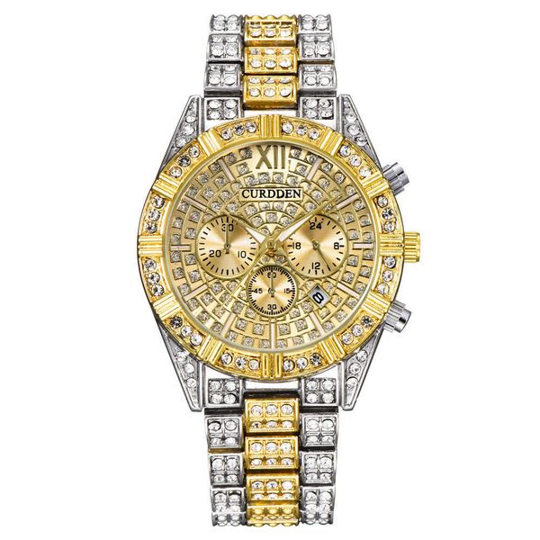 

watch men's diamond alloy quartz inlaid watch with calendar, Slivery;brown