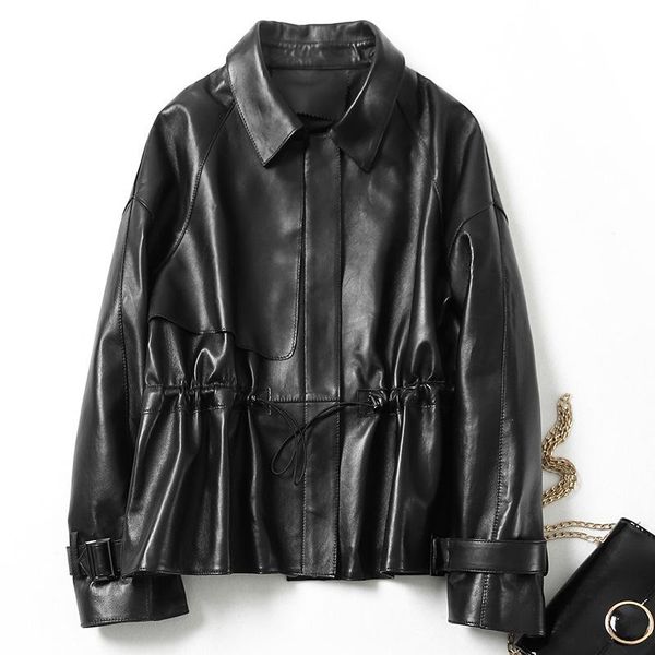 

women's leather & faux winter genuine jacket women korean 100% sheepkin coat spring autumn jackets vintage montone 8719, Black