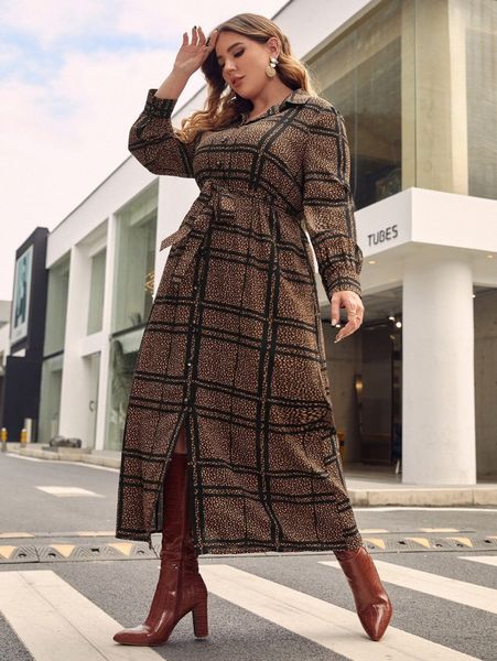 

plus plaid button front lapel neck belted dress z4sy#, Black