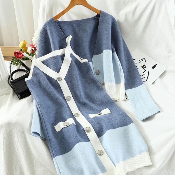 

gagaok spring autumn new women two piece set 2020 v-neck button jackets + mini cami dresses knitted office lady stretch k37591, Gray