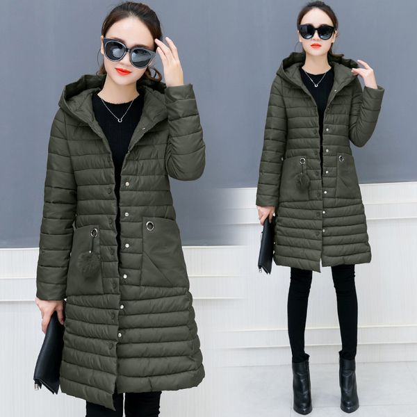 

2020 winter new waist slim down hooded over knee cotton padded middle long jacket women's fashion, Black