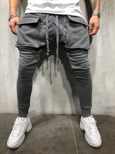 

big pockets casual pants men streetwear hip hop pants fashion jogging pencil pants slim fit sweatpants, Black