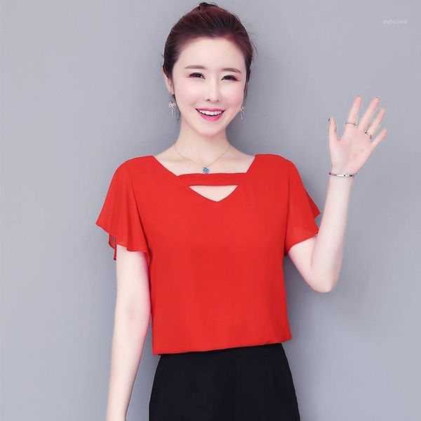 

new women fashion v-neck hollow solid shirts butterfly sleeves casual blouse ladies elegant chiffon shirts plus size -8xl1, White