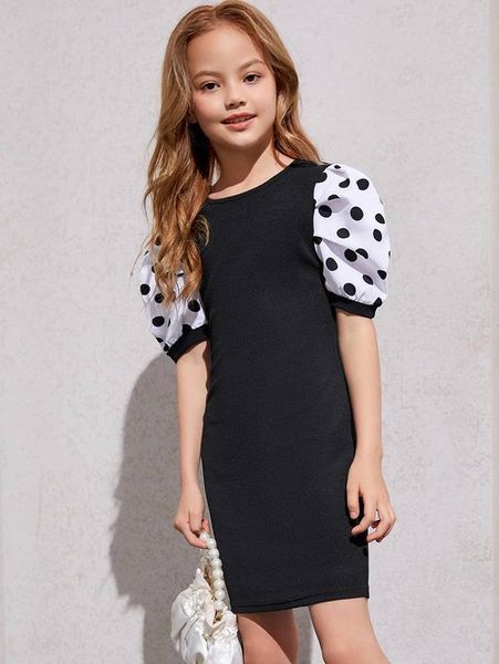 

girls polka dot puff sleeve fitted dress she, Red;yellow
