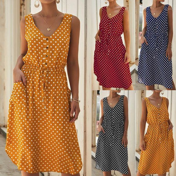 

women casual v-neck dress lady polka dot printed shirt dresses with buttons elegant sleeveless a-line casual midi dress vestido1, Black;gray