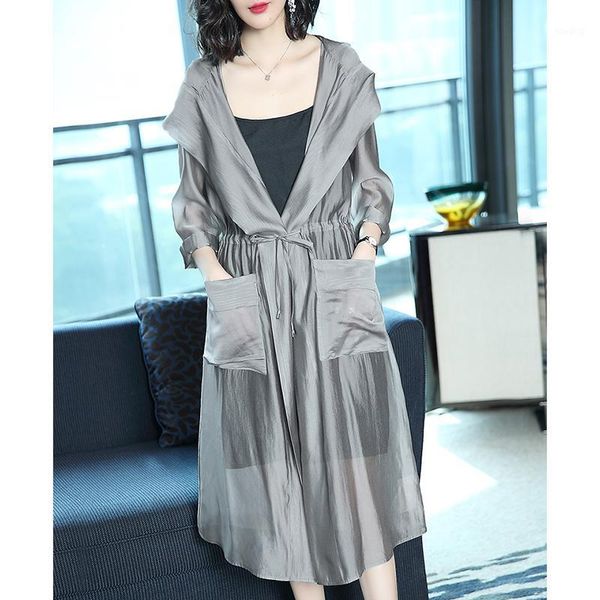 

2020 mid-length long sun protection clothing women's jacket fashion summer silver anti-pattern loose the knee thin windbreaker j1, Tan;black
