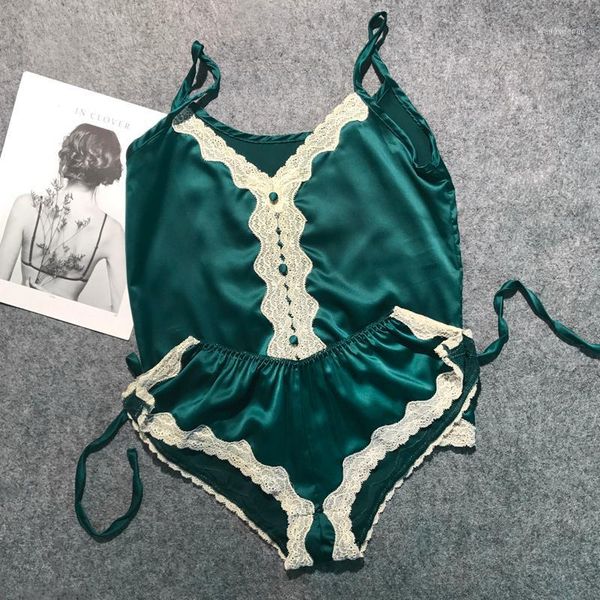 

luxurious women pajama sets 2018 brand sale satin summer sleepwear lace patchwork shorts set elegant green nightwear, Black;red