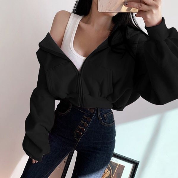 

rockmore zipper up hoodies women aesthetic pockets solid sweatshirts long sleeve crop baggy hooded hoodie sweat shirts loose 201204, Black