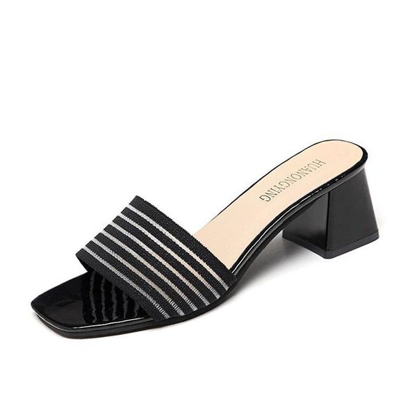 

slippers women 2021 new summer woven fish-tip slippers women's comfortable medium heel chunky heel shoes, Black