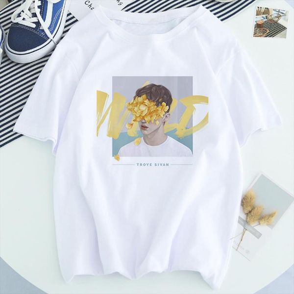 

новая летняя мода белые женщины с коротким рукавом tee troye sivan мультфильм печать женская футболка повседневная одежда harajuku plus, White