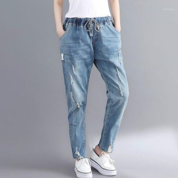 

plus size summer loose ripped hole denim jeans for women 3xl 4xl 5xl 6xl 7xl1, Blue