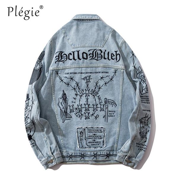 

plegie hip hop letter embroidery denim jackets streetwear men hipster casual punk rock blue jeans coats mens outwear, Black;brown