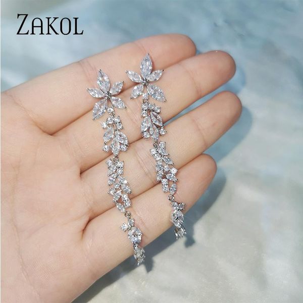 

zakol luxury noble flower shape cubic zirconia tassel long dangle earrings for women bridal wedding jewelry gift fsep5009, Silver