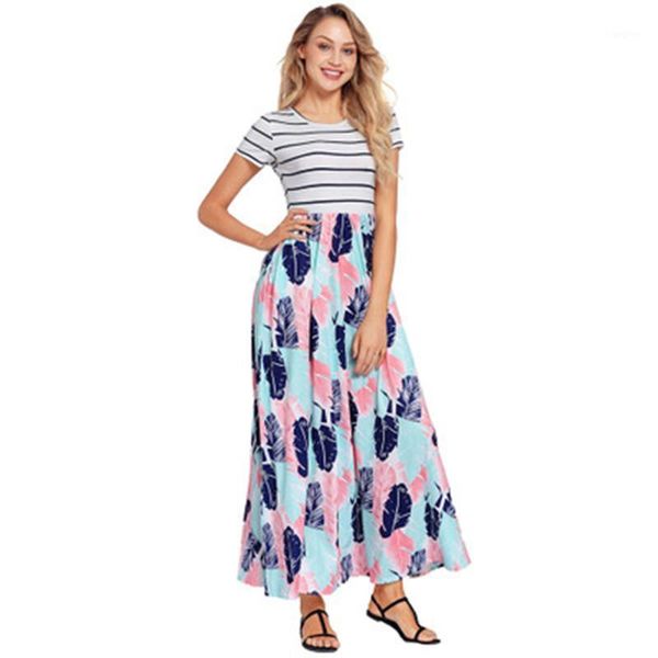 

women's clothing 2018 summer new splicing stripes printed waist waist folds long pocket dress1, White;black