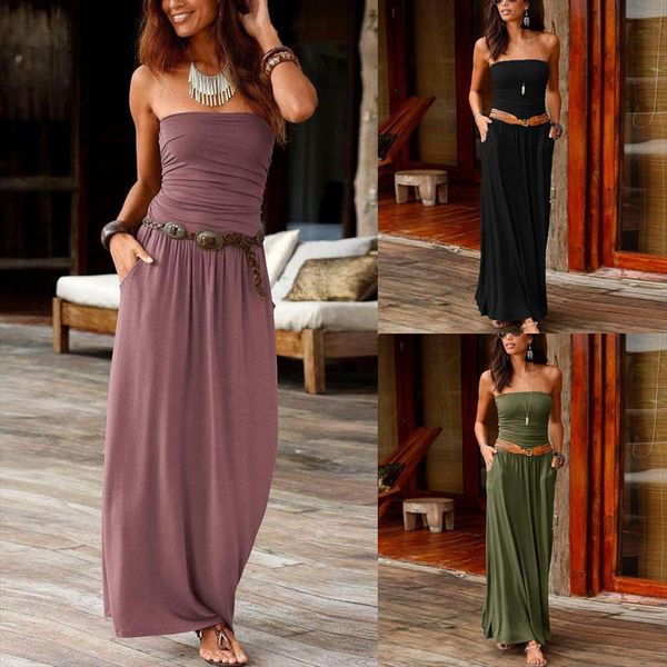 

womens boho dress bandeau holiday off shoulder strapless long dress feminine ladies 2020 casual summer solid maxi yl5, Black;gray