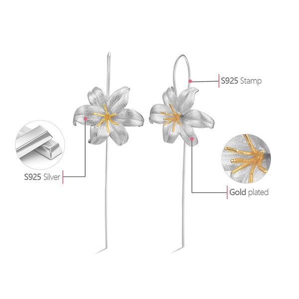 

lotus fun 18k gold lily flower dangle real 925 sterling silver handmade designer fine jewelry earrings for women bijoux q1219