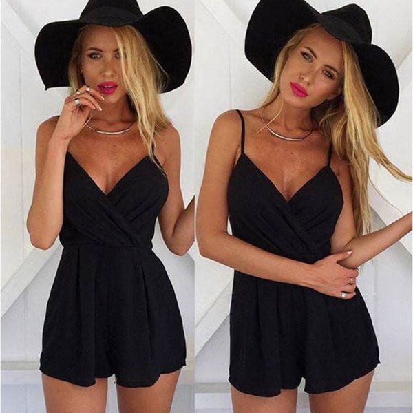 

efinny summer solid playsuit jumpsuit romper pub femal v-neck black girl club deep rompers bodycon, Black;white